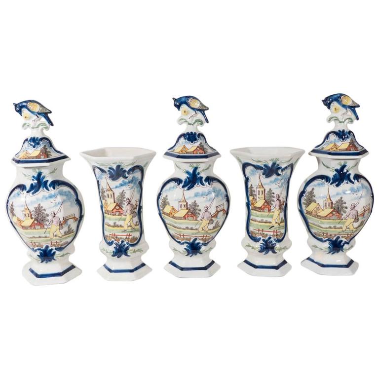 Antique Delft Five Vase Mantle Garniture at 1stdibs