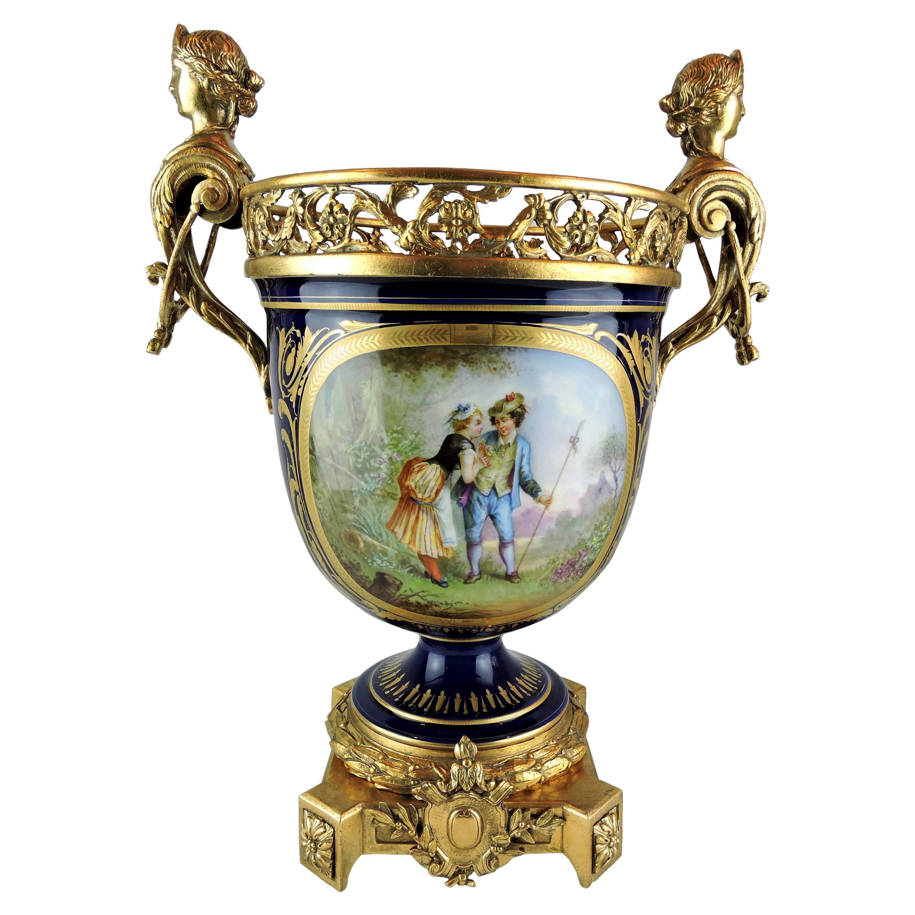 Large 19th Century French Sèvres Porcelain and Gilt Bronze Jardinière For Sale