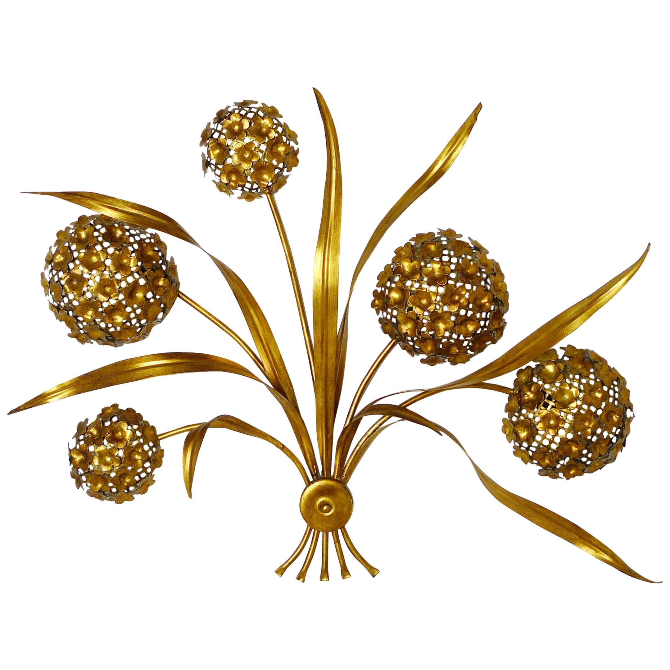 Large Gold-Plated Bouquet of Flowers Wall Sconce, Hollywood Regency Style, 1970s For Sale
