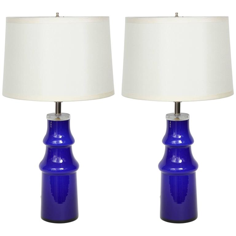 Pair of Swedish Modern Blue Art Glass Lamps by Johansfors For Sale at
