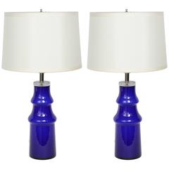 Pair of Swedish Modern Blue Art Glass Lamps by Johansfors 6