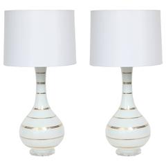 Pair of White Murano Glass Lamps with Gold Banding
