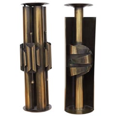 Pair of Huge Brutalist Candle Holders in Brass