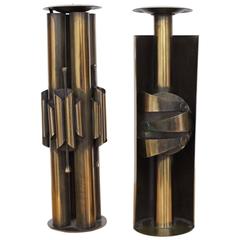 Pair of Huge Brutalist Candle Holders in Brass 4