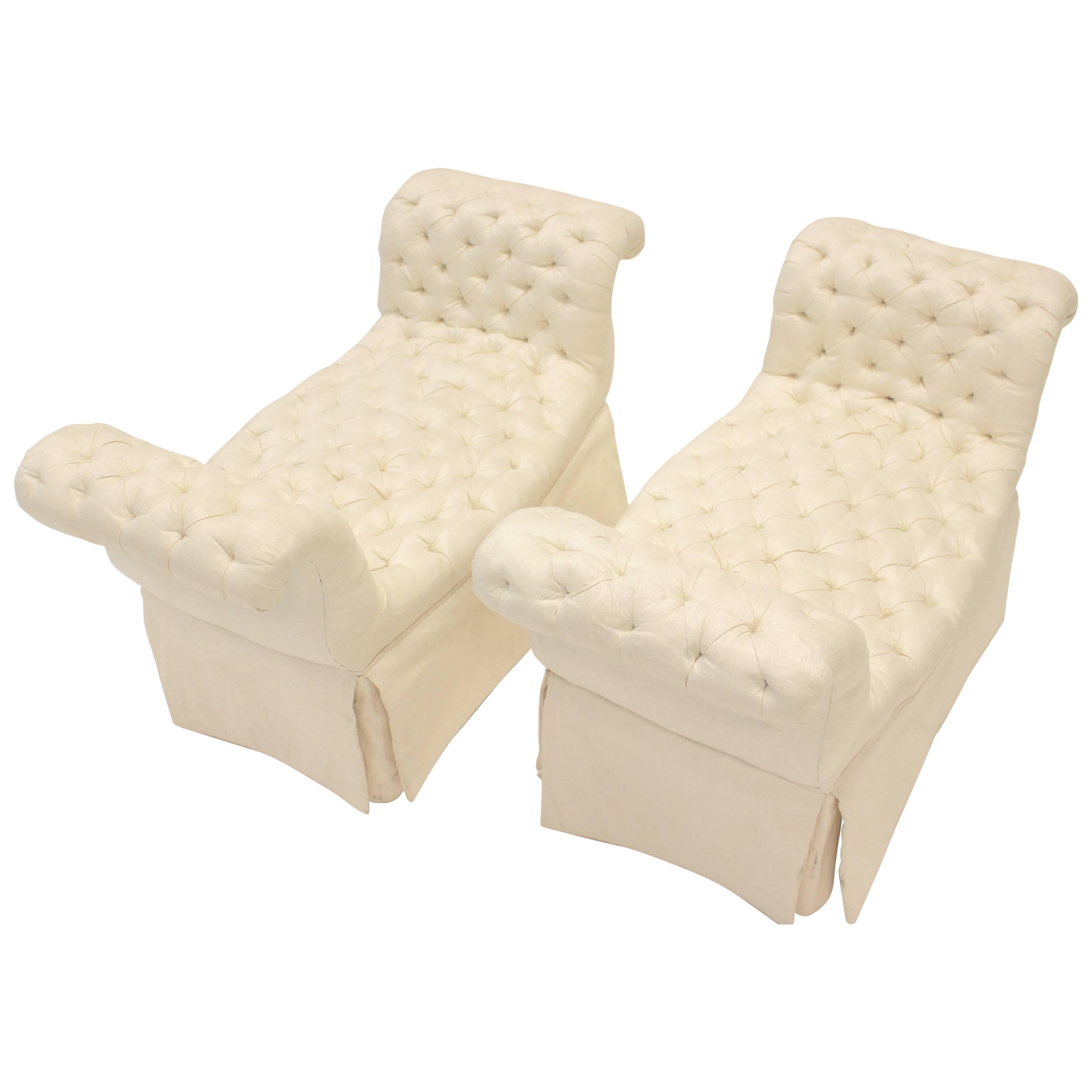 Pair of Cream-Colored Silk Button-Tufted Rolled Arm Benches with Ample Skirt For Sale