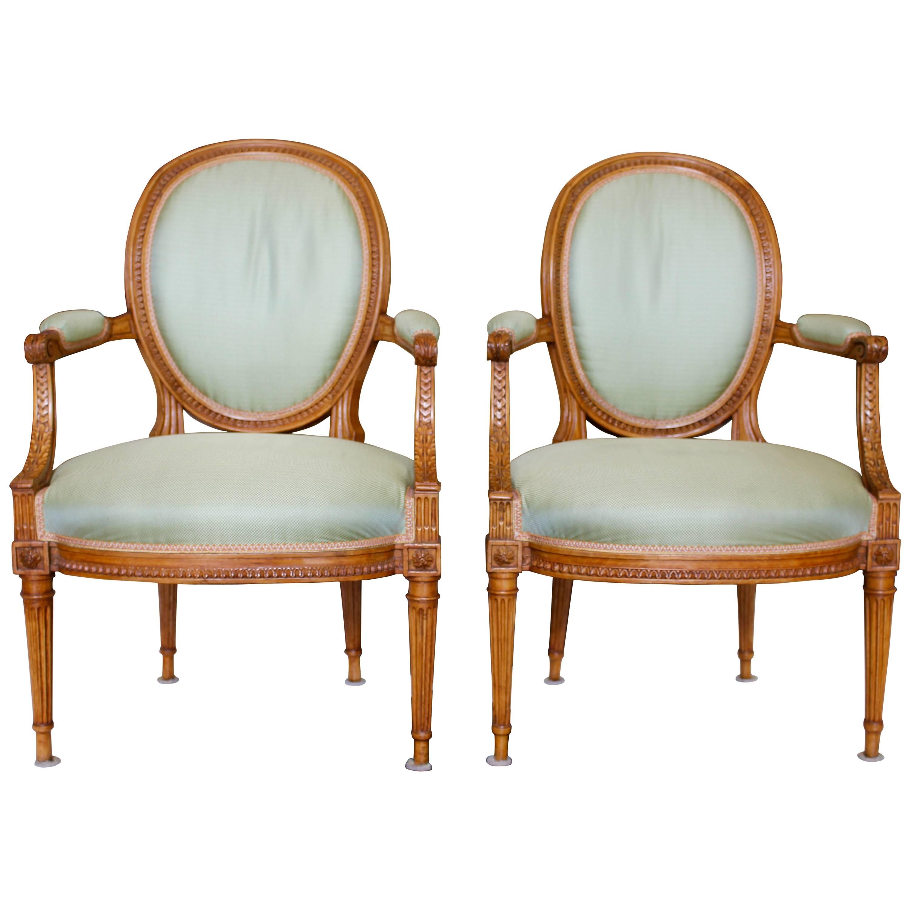 Pair of Louis XVI Style Beechwood Cabriolets Fauteuils with Oval Medallion Backs