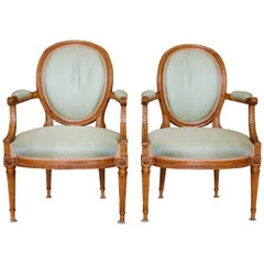 Vintage Pair of Louis XVI Style Beechwood Cabriolets Fauteuils with Oval Medallion Backs