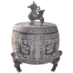 Chinese Barrel-Form Brass Urn with Traditional Archaistic Ornamentation and Lid