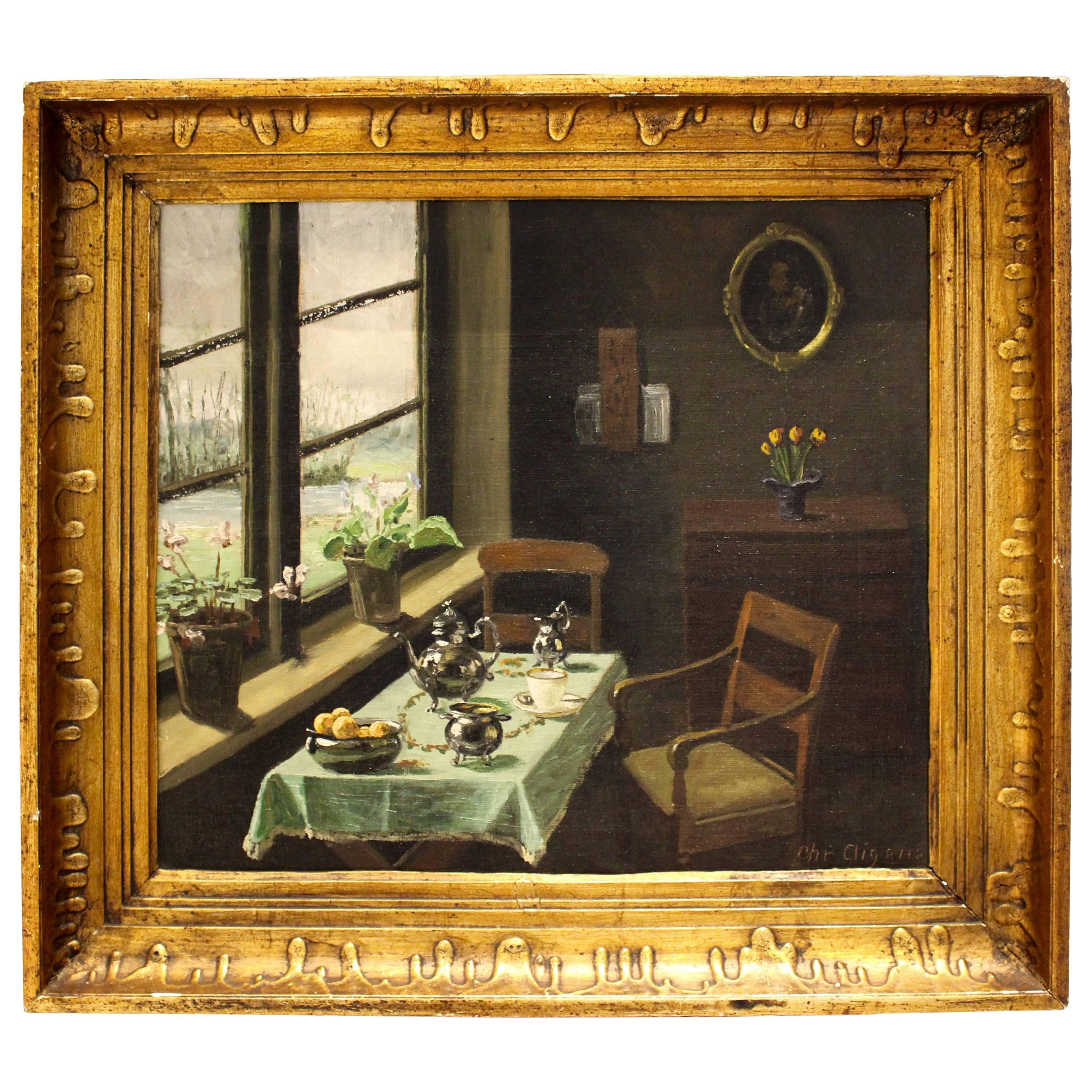 Peinture à l'huile sur toile à l'intérieur d'un atelier de dessin avec table de jeu, signée Crigensm en vente