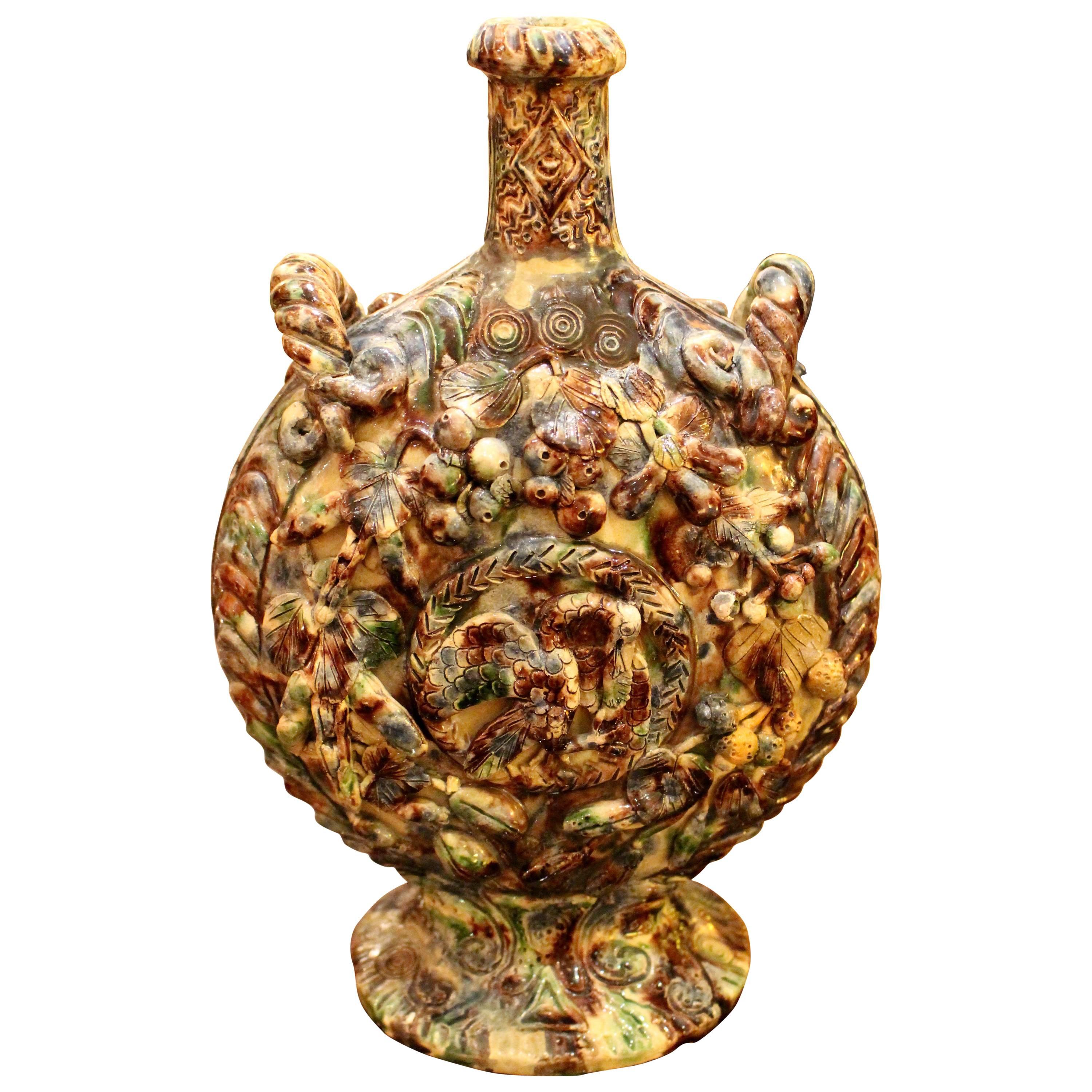 Italian Rustic Faience Vase of Flattened Circular Form with Molded Decoration For Sale