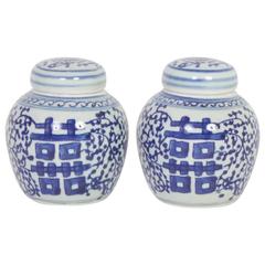 Vintage Pair of Chinese Export Style Blue and White Double Happy Jars