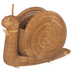 Charming Midcentury Wicker Magazine Stand in the Shape of a Snail