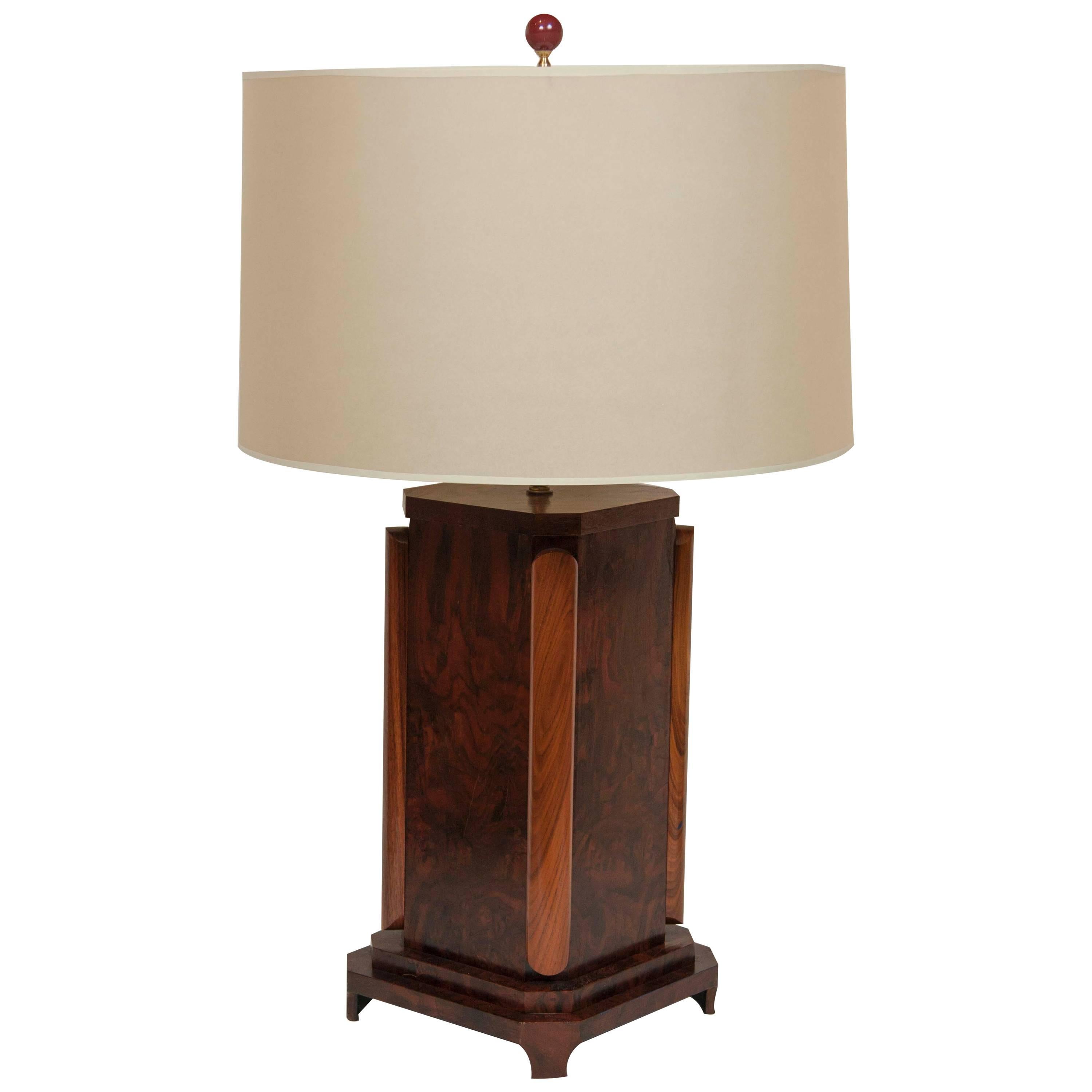 Large Craftsman Burled Mahogany Table Lamp For Sale