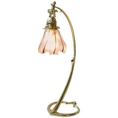 Antique Jugendstil Table Lamp with a Beautiful Glass Shade with Red Stripes