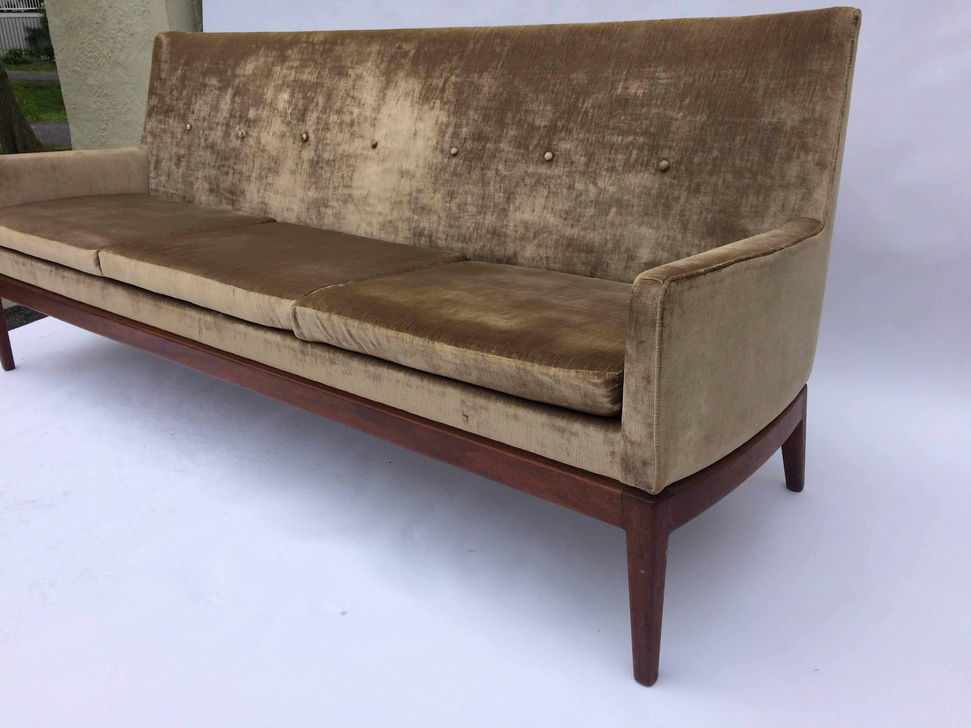 Jens Risom Danish sofa, upholstered in a taupe-y silver velvet. Elegant design, stately, and chic. Unable to identify makers mark on underside, seen in photos.
   