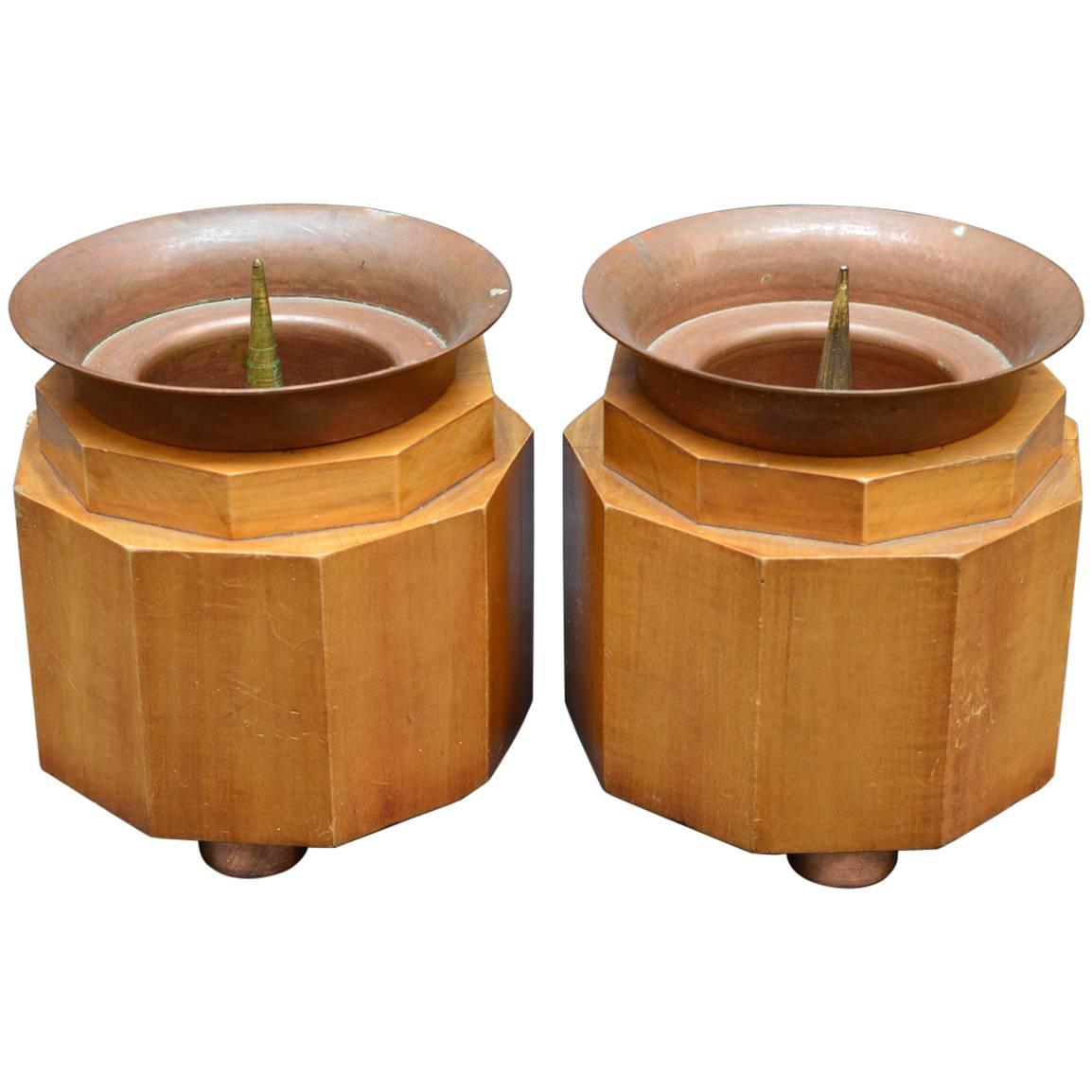 Pair of French Art Deco Copper and Fruitwood Candleholders For Sale