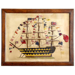 Antique Sailors’ Woolwork Naive Picture of a Galleon, English, Early 19th Century