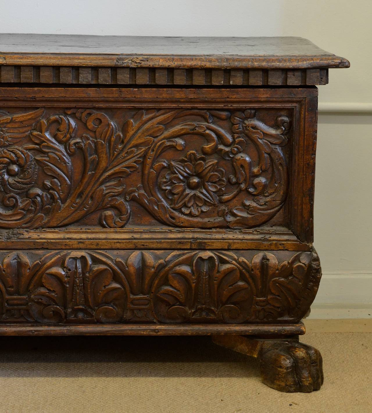 Carved 16th Century North Italian Walnut Cassone For Sale