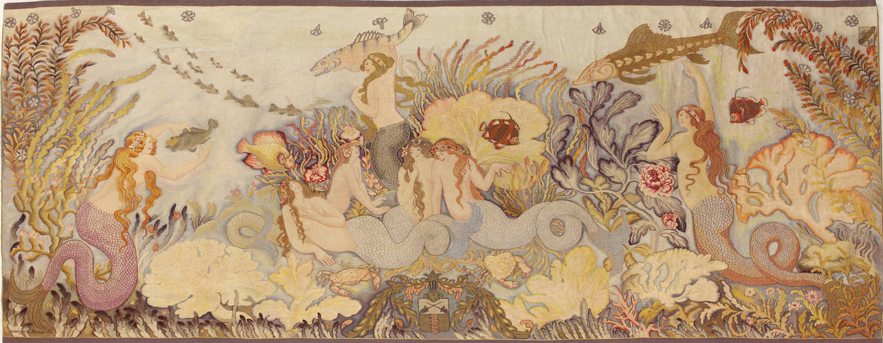 Origin: France
Workshop: Paris, Boulevard Saint Jacques Workshop
Cartoon: After a Manzana-Pissarro painting (1871-1961)
Date: 1914

Finely woven in wool, silk and silver

Description:

In an aquatic landscape of rocks, seaweed and coral,