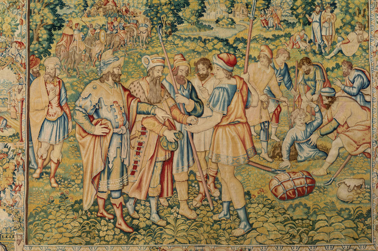This tapestry depicts the story of Joseph, favorite son of Jacob, on a landscape background in shades of green, yellow and brown. The various represented episodes have to be read in a singular manner in a U path from the right background to the left