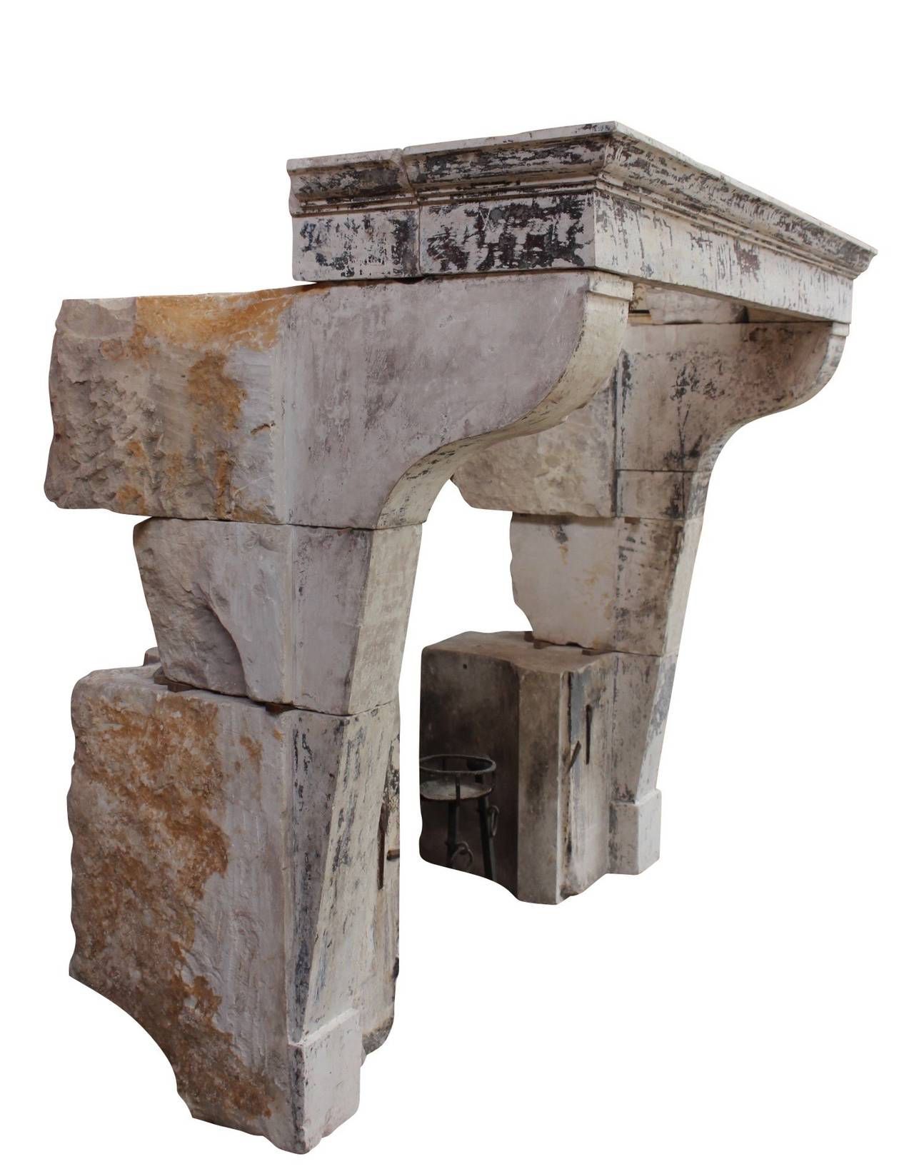 17C. Limestone LXIII Antique fireplace Mantel with Original Patina from a Kitche