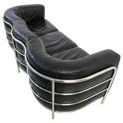 Retro Zanotta 'Onda' Black Leather and Chrome Sofa