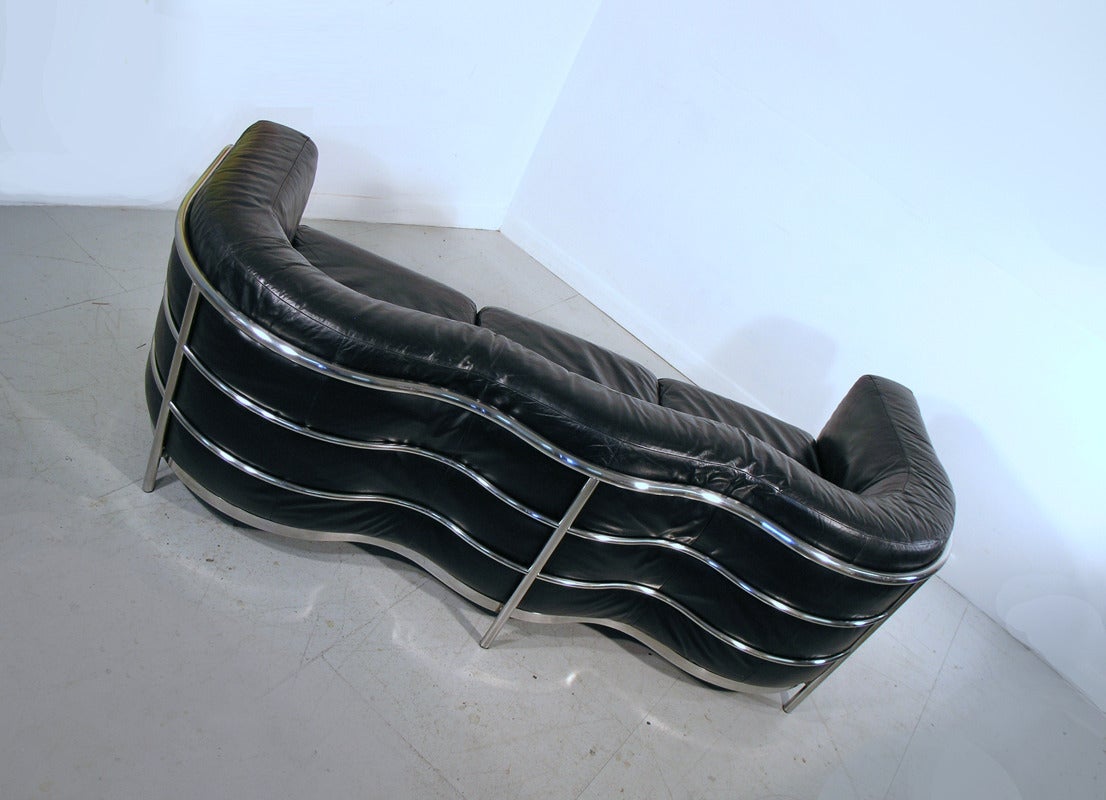 Italian Zanotta 'Onda' Black Leather and Chrome Sofa