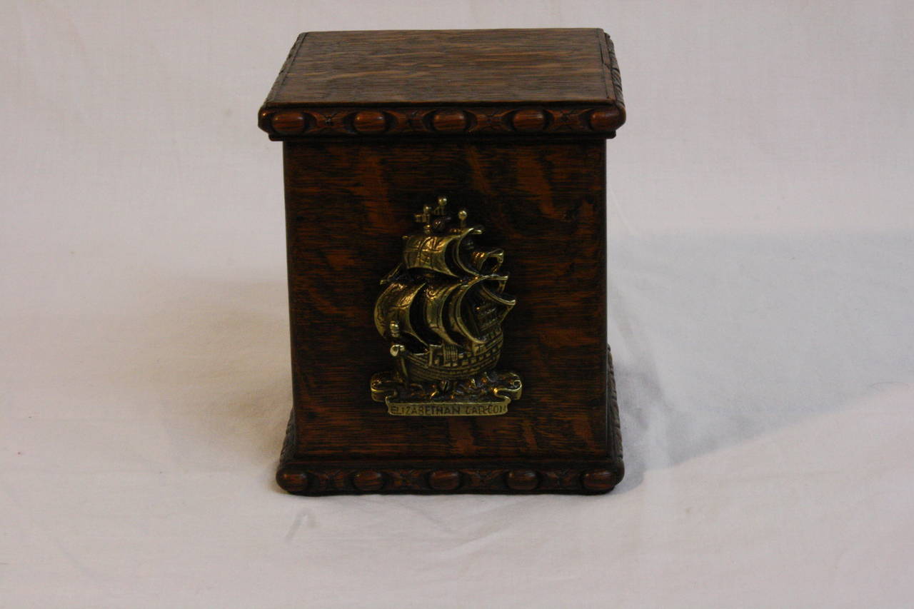 1920 Tiger Oak Single Tea Caddy with Brass Plaque