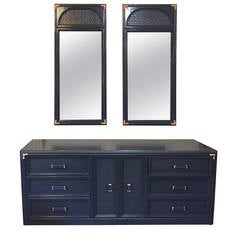 Lacquered Vintage Bassett Triple Dresser with Matching Mirrors