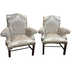 Pair of Flared Arm Silver Damask Armchairs