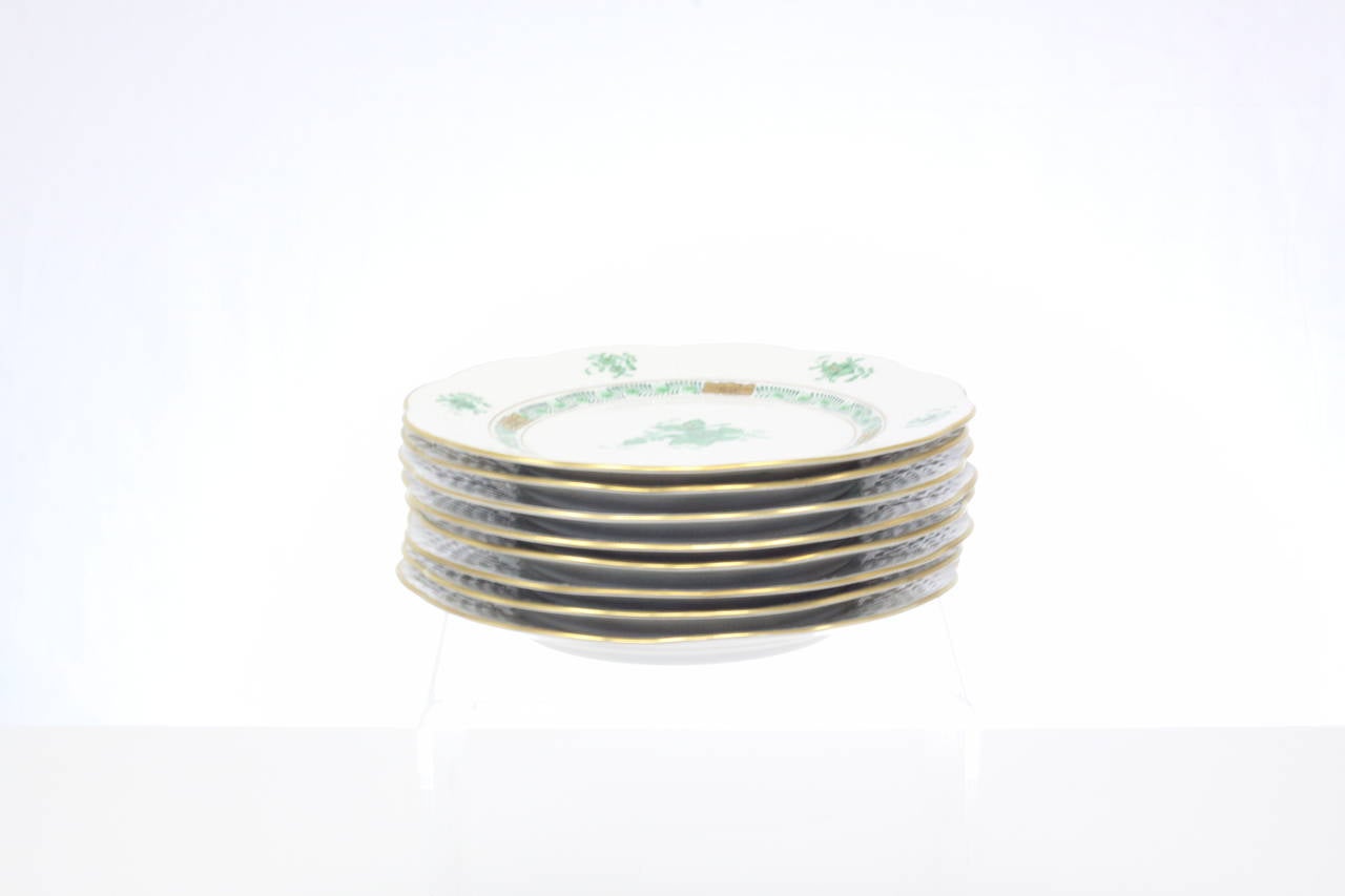 Fired Set of Eight Herend Chinese Bouquet Green Bread and Butter Plates For Sale