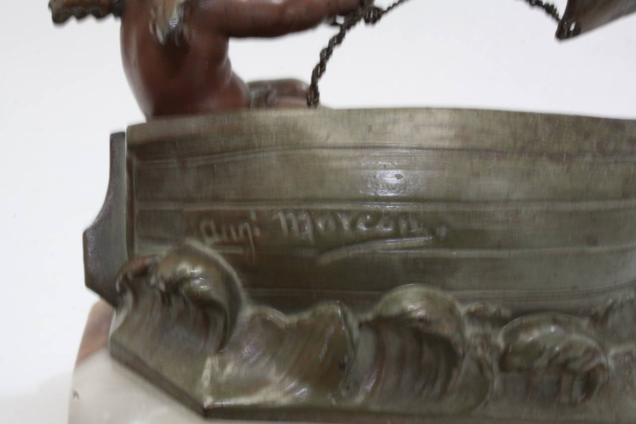 Auguste Moreau Bronze and Marble Cherub in Boat In Excellent Condition In Raleigh, NC