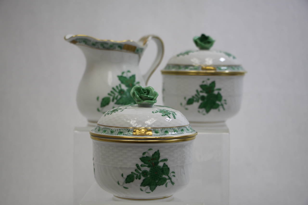 Herend Chinese Bouquet Green Three-Piece Service Set In Excellent Condition For Sale In Raleigh, NC