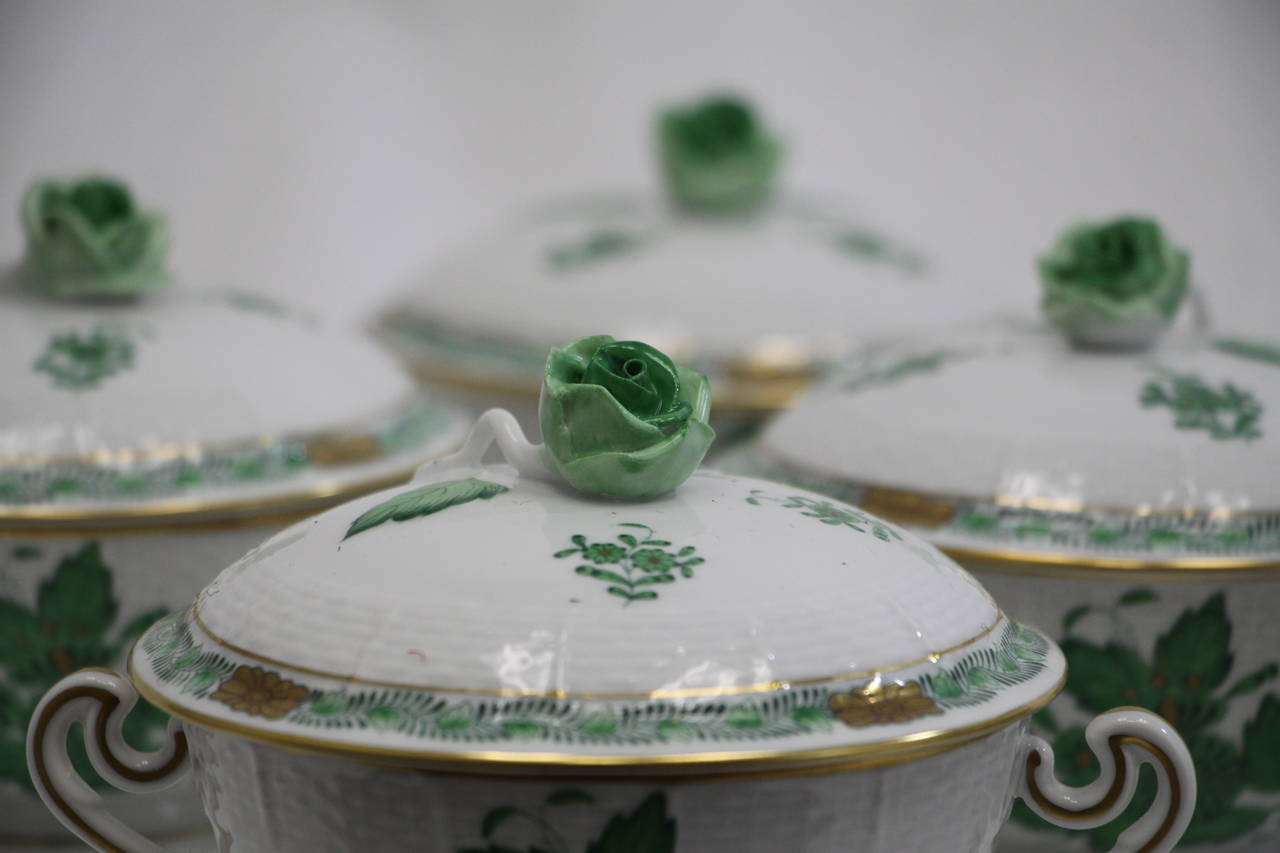 Herend Chinese bouquet green set of nine Crème soup dishes with lids.