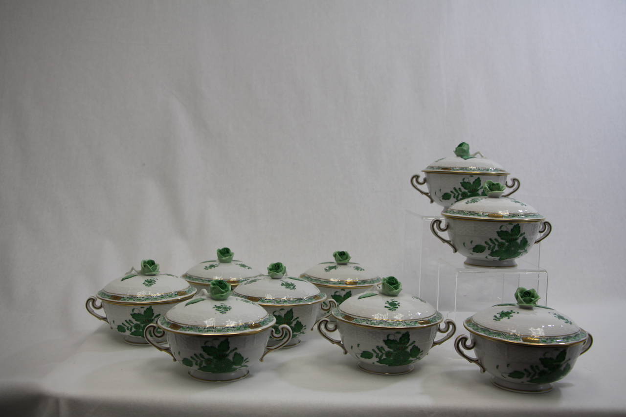 Late 20th Century Herend Chinese Bouquet Green Nine Crème Soup Dishes