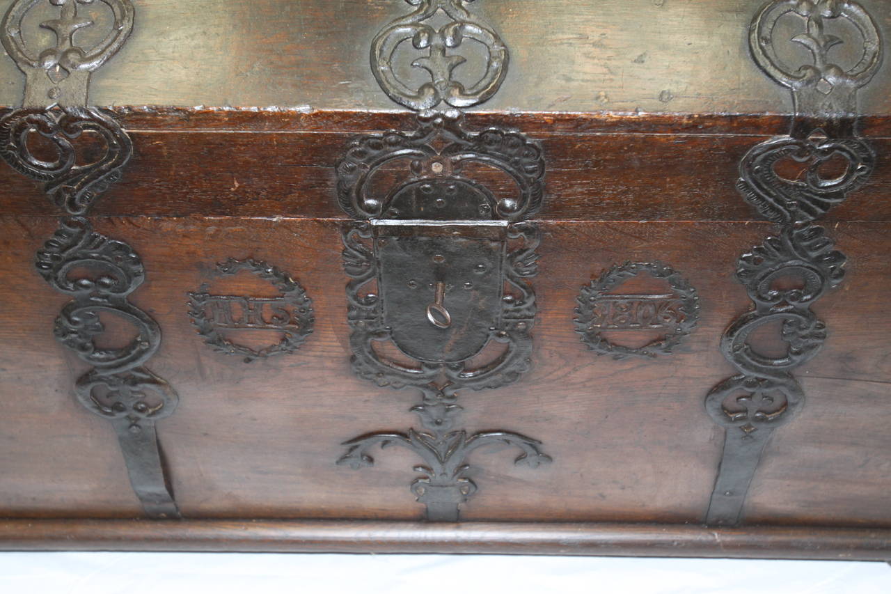Beautiful German Baroque style coffer made in 1806.  The year of manufacture is stamped on the front of the chest and would make a great pirates chest.  The lock is still operable.
