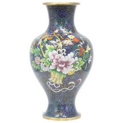 16" Tall Cloisonne Vase in Royal Blue Flower Basket Design