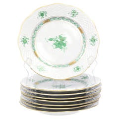 Set of Eight Herend Chinese Bouquet Green Bread and Butter Plates