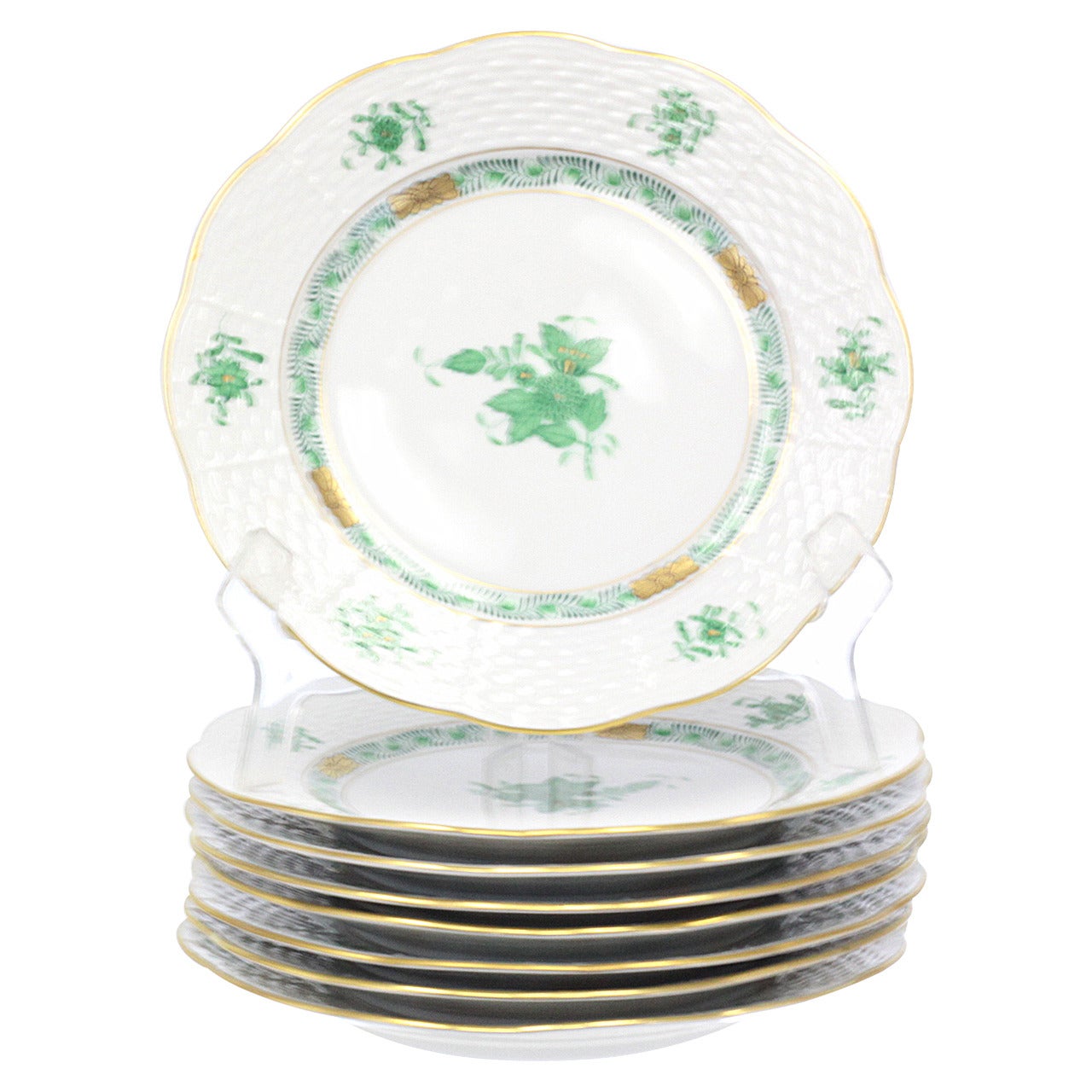 Set of Eight Herend Chinese Bouquet Green Bread and Butter Plates For Sale