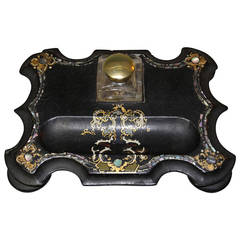 1890s Papier Mâché Inkwell with Mother-of-Pearl Inlay