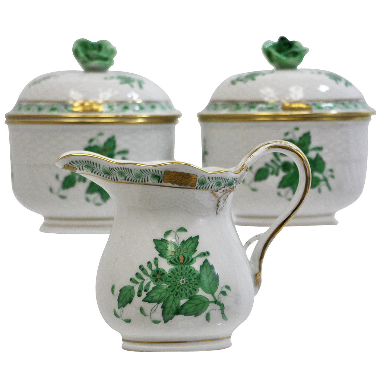 Herend Chinese Bouquet Green Three-Piece Service Set For Sale
