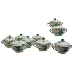 Herend Chinese Bouquet Green Nine Crème Soup Dishes