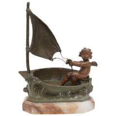 Auguste Moreau Bronze and Marble Cherub in Boat