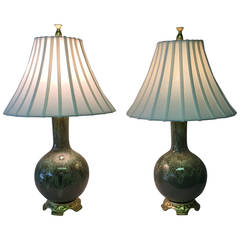 Mid-Century Modern Green Drip Glaze Lamps