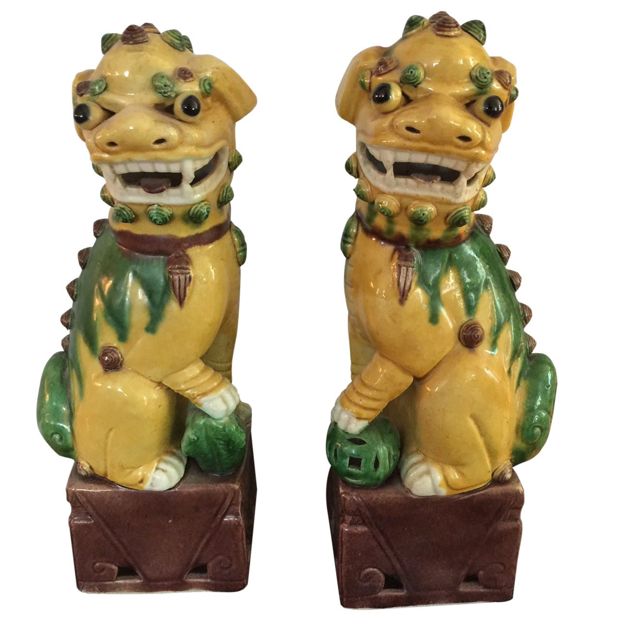 Vintage Majolica Foo Dogs with Pup, Pair For Sale