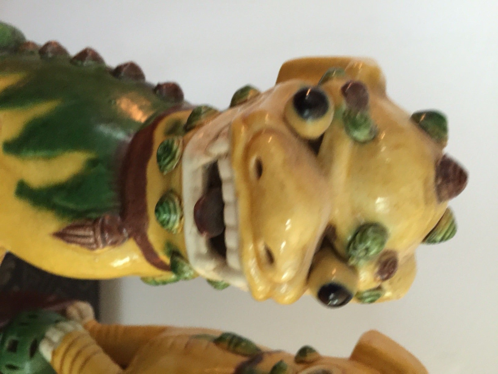 Vintage Majolica Foo Dogs with Pup, Pair In Excellent Condition For Sale In Raleigh, NC