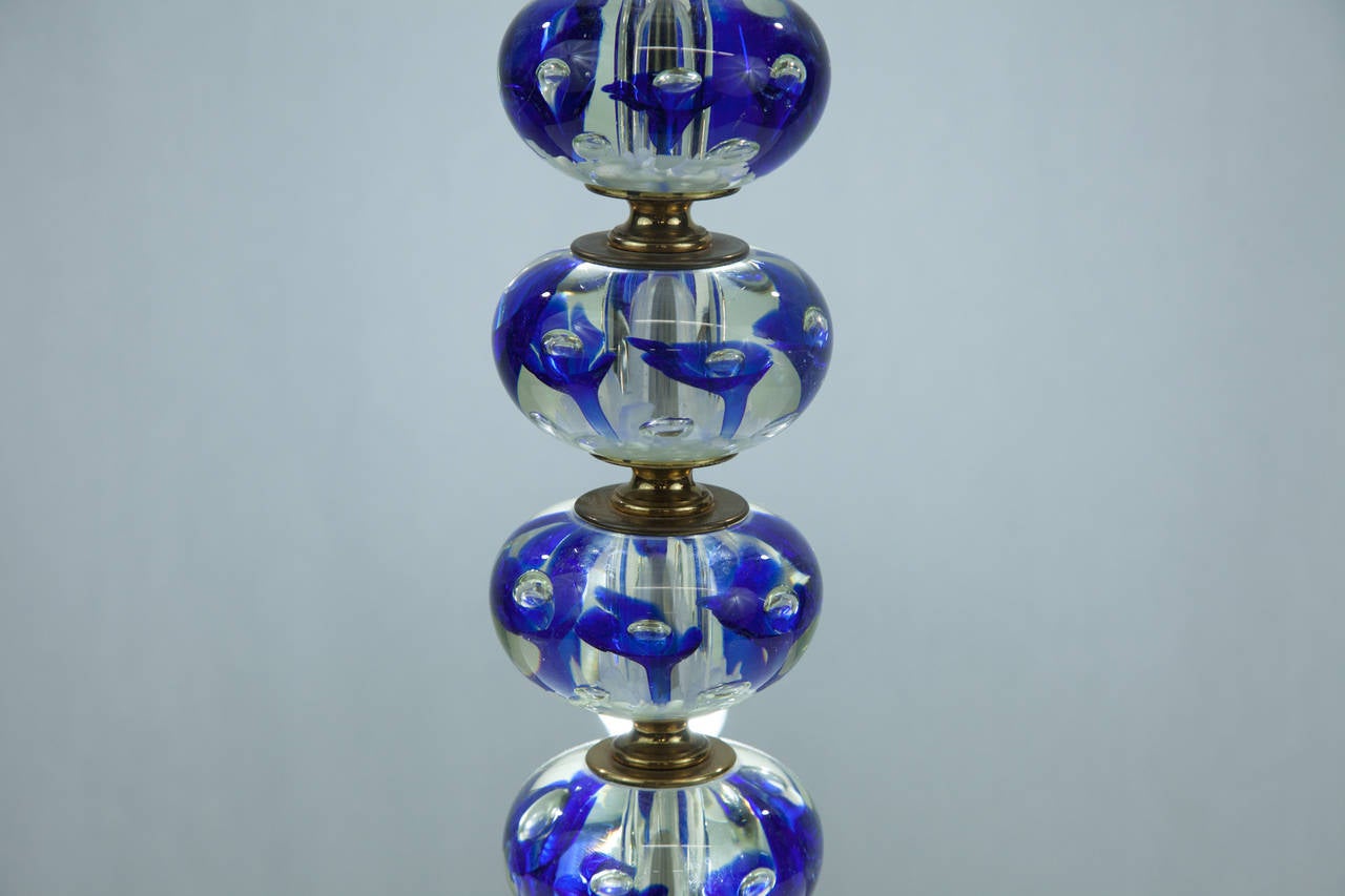 Wonderful Mid-Century Modern blown glass Murano glass lamp from Italy.
Quite unusual coloring featuring clear and royal blue colors. Excellent condition.