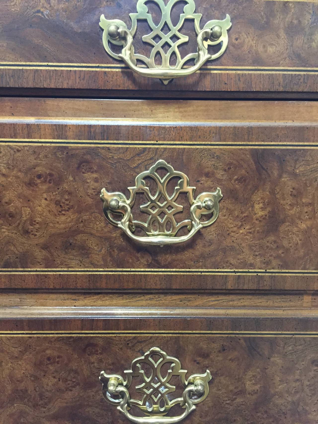 Burled Inlaid English KneeHole Desk with Chippendale style brass pulls