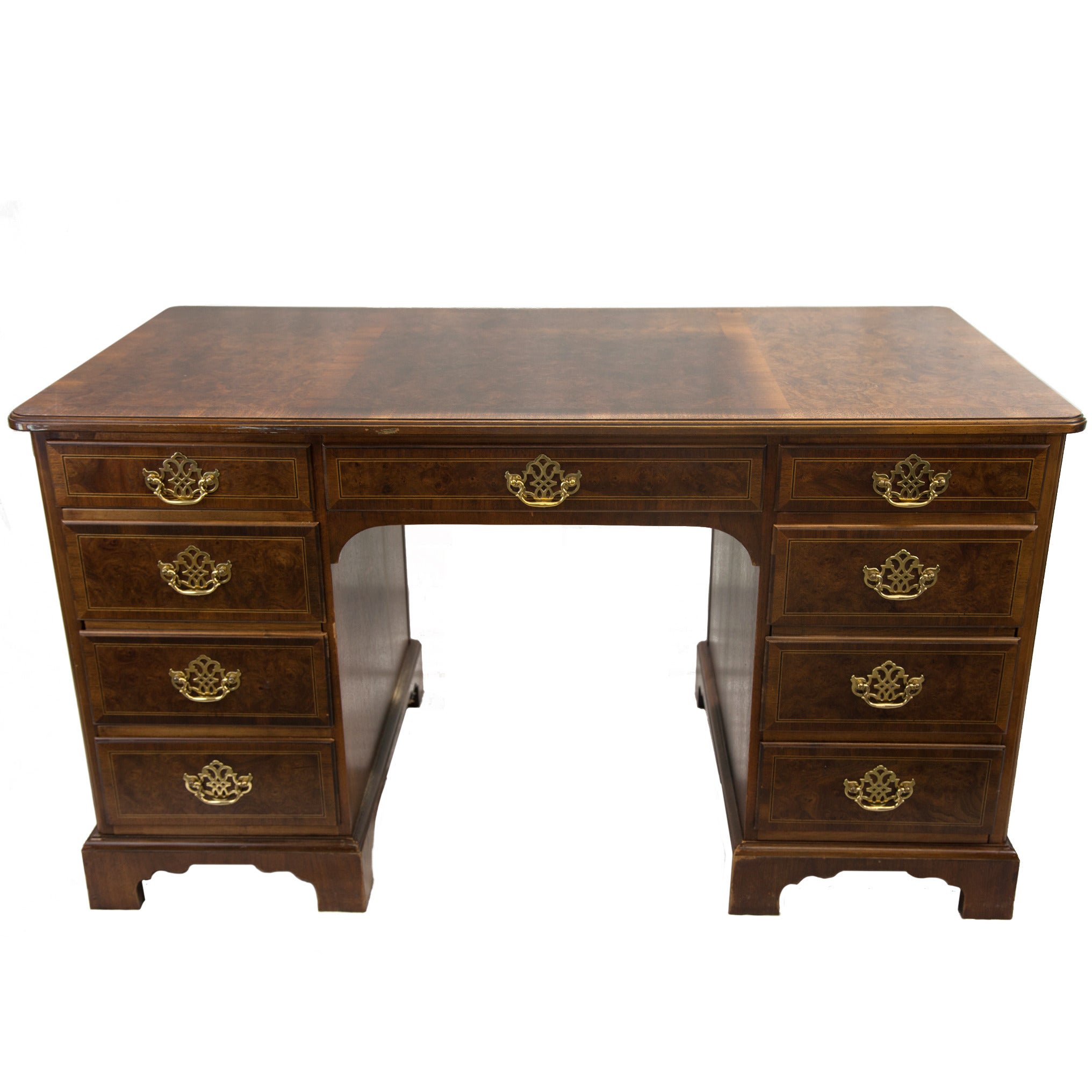 Burled Inlaid English Kneehole Desk For Sale
