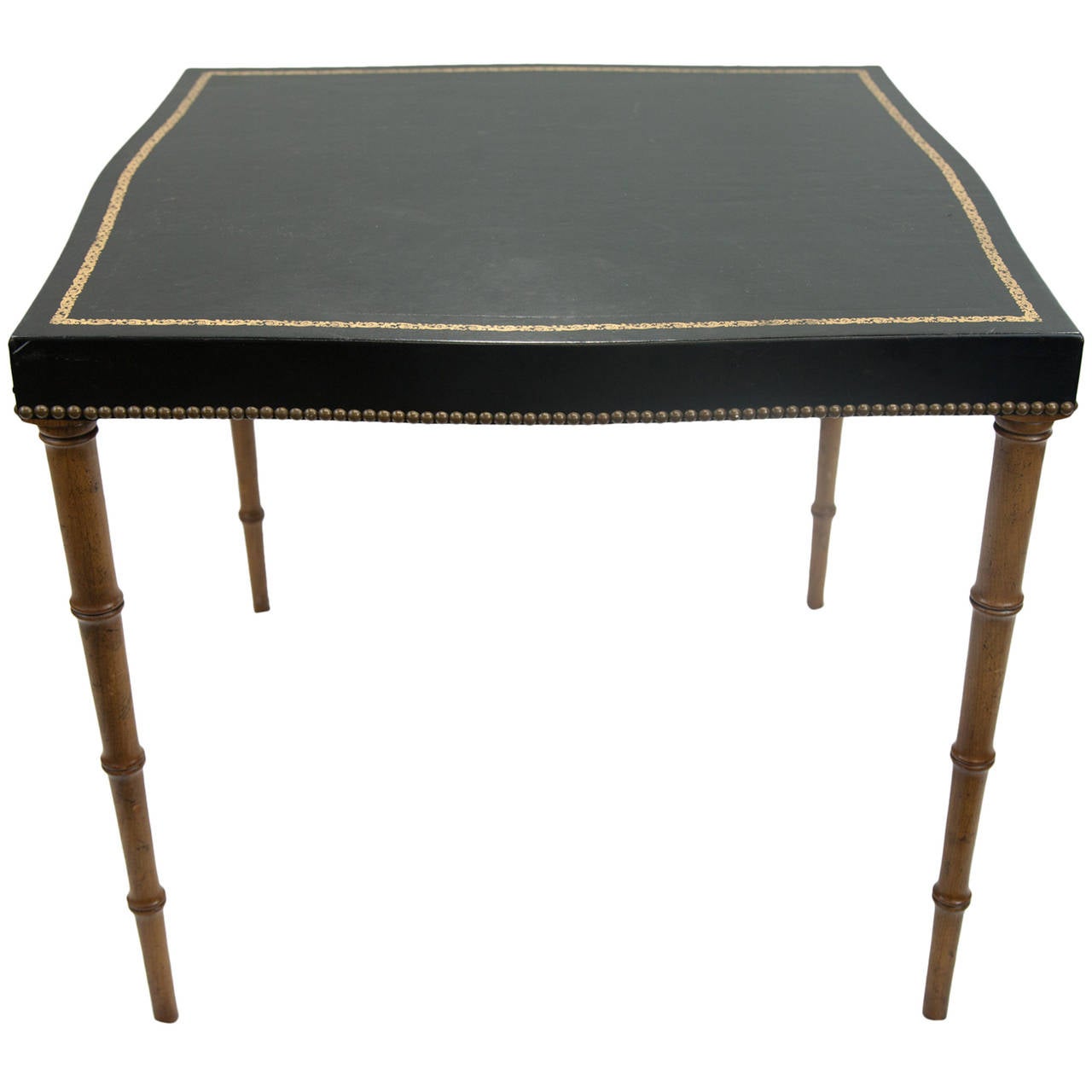 Gold Embossed Black Leather-Top Game Table For Sale